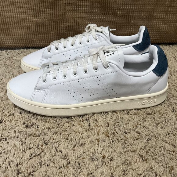Adidas Advantage Clean White Leather Sneakers With Navy Heel Accent mens 12 - Picture 5 of 14
